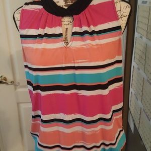 Multi striped sleeveless blouse with key hole and
